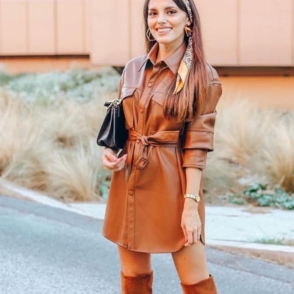 Zara Women’s Brown Faux Leather Women's Shacket Size Large Snap Front NWT - Picture 2 of 10